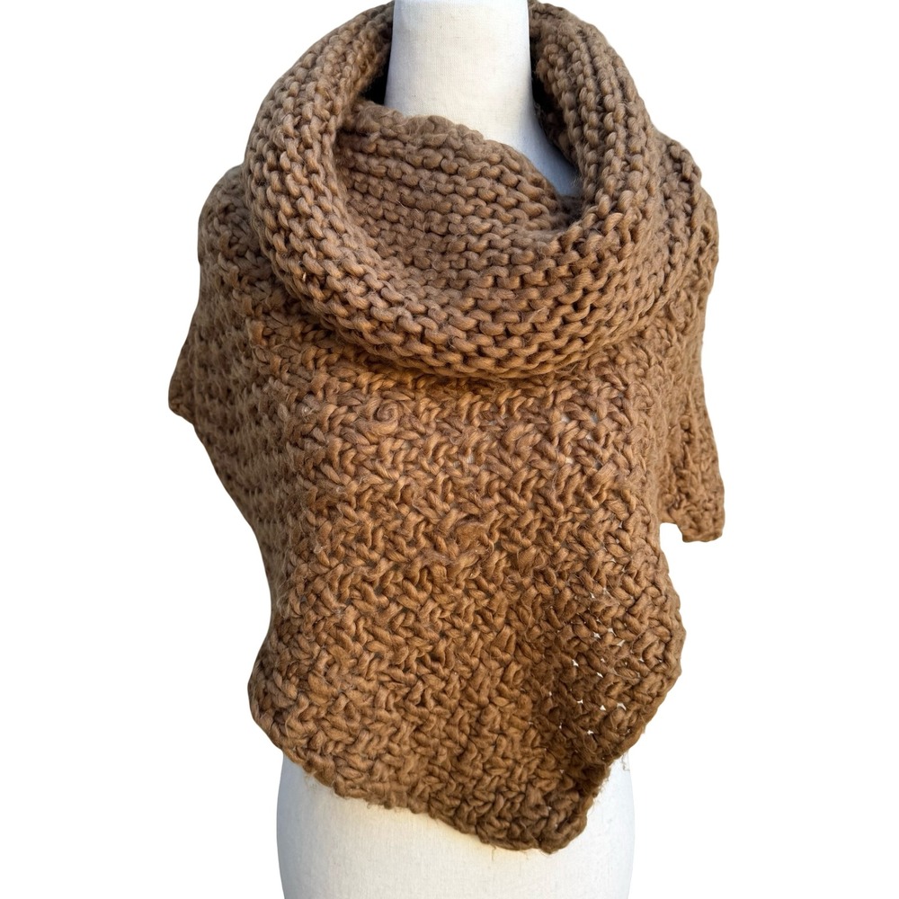Zara Boho Earthy Cozy Oversized Chunky Knit Cowl Neck Poncho Scarf Brown OS